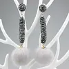 CH-DOE28 Hot selling fuzzy white ball dangle earrings, Rhinestone long strip shape stud hang lovely ball earring