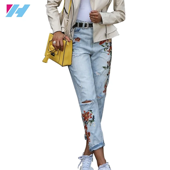 Wholesale High Quality Ladies Embroidery Jeans Top Design Ripped Jeans