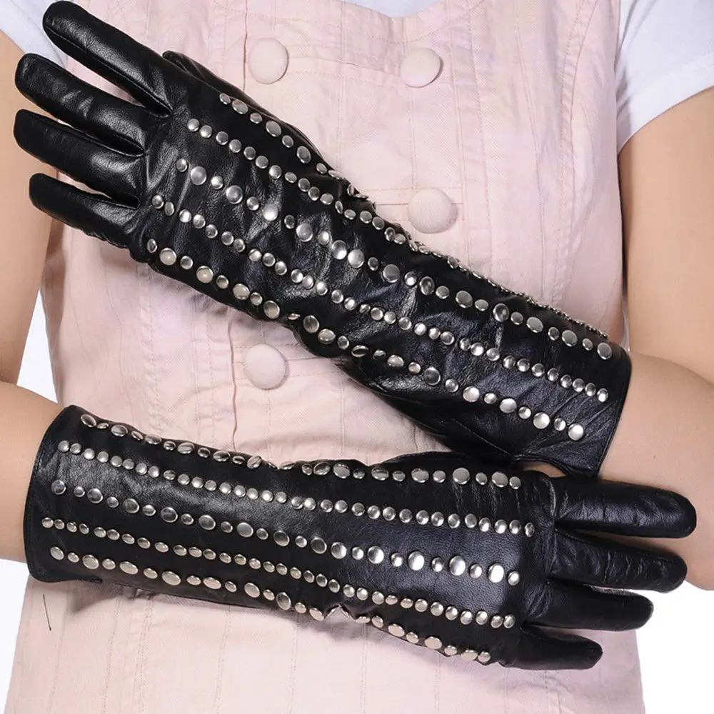 Women's black long leather gloves with fashion studs