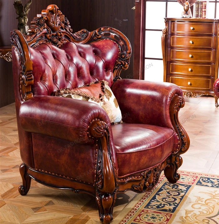 Wine Red Leather Sofa Set for Living Room - European Design, Solid Wood ...