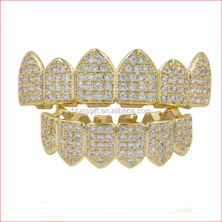 Blues wholesale bling 18K White Gold Plated Custom Slugs Cubic Zirconia Micro Pave cz teeth grillz for punk Halloween jewelry