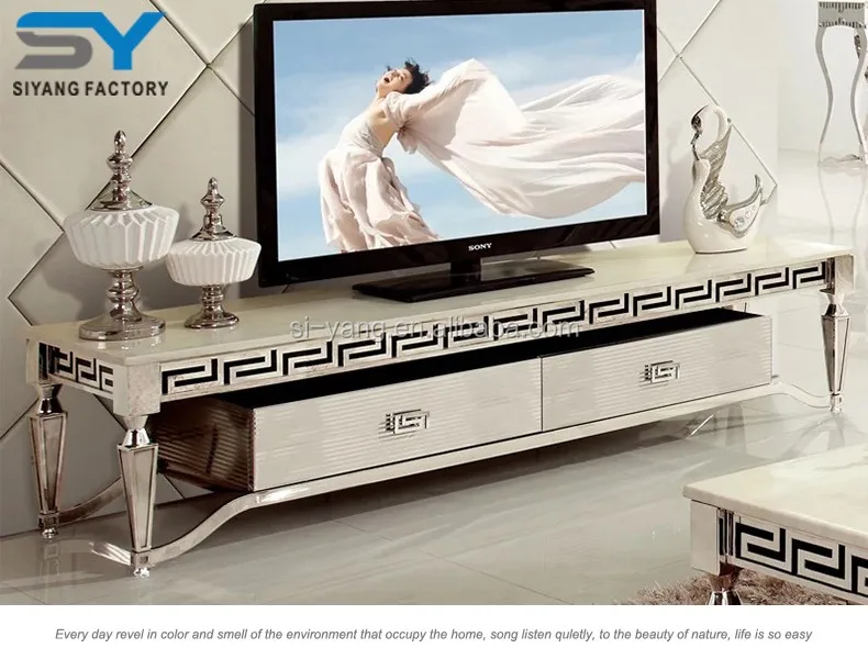 2017 White Marble Top Stainless Steel Tv Stand With Two Drawers Ds004