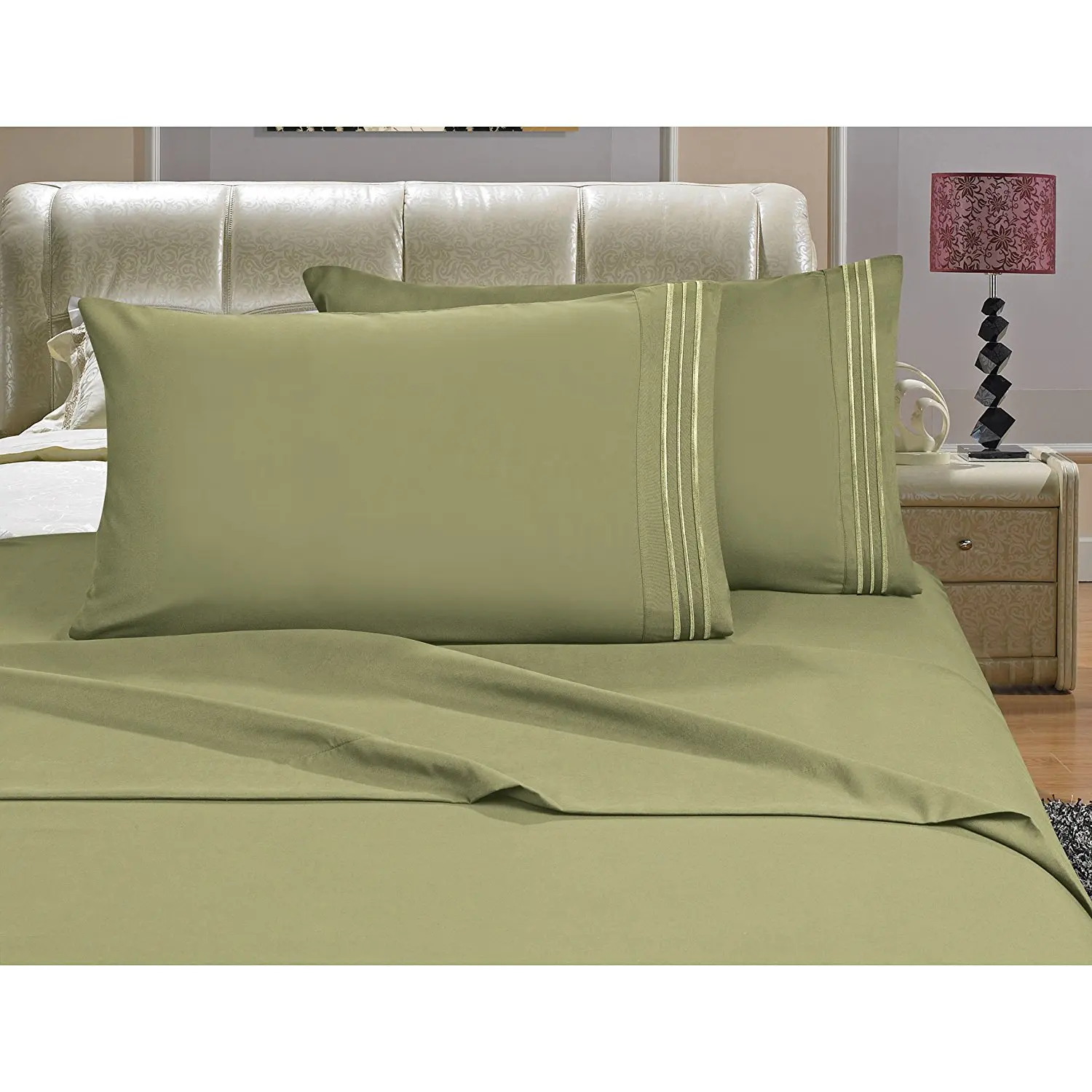 OSK 4 Piece Girls Sage Green Embroidered Stripe Sheet Full Set, Light Green Color Solid Pattern Design Kids Bedding, Luxurious Colorful Traditional Teen Themed, Polyester Microfiber