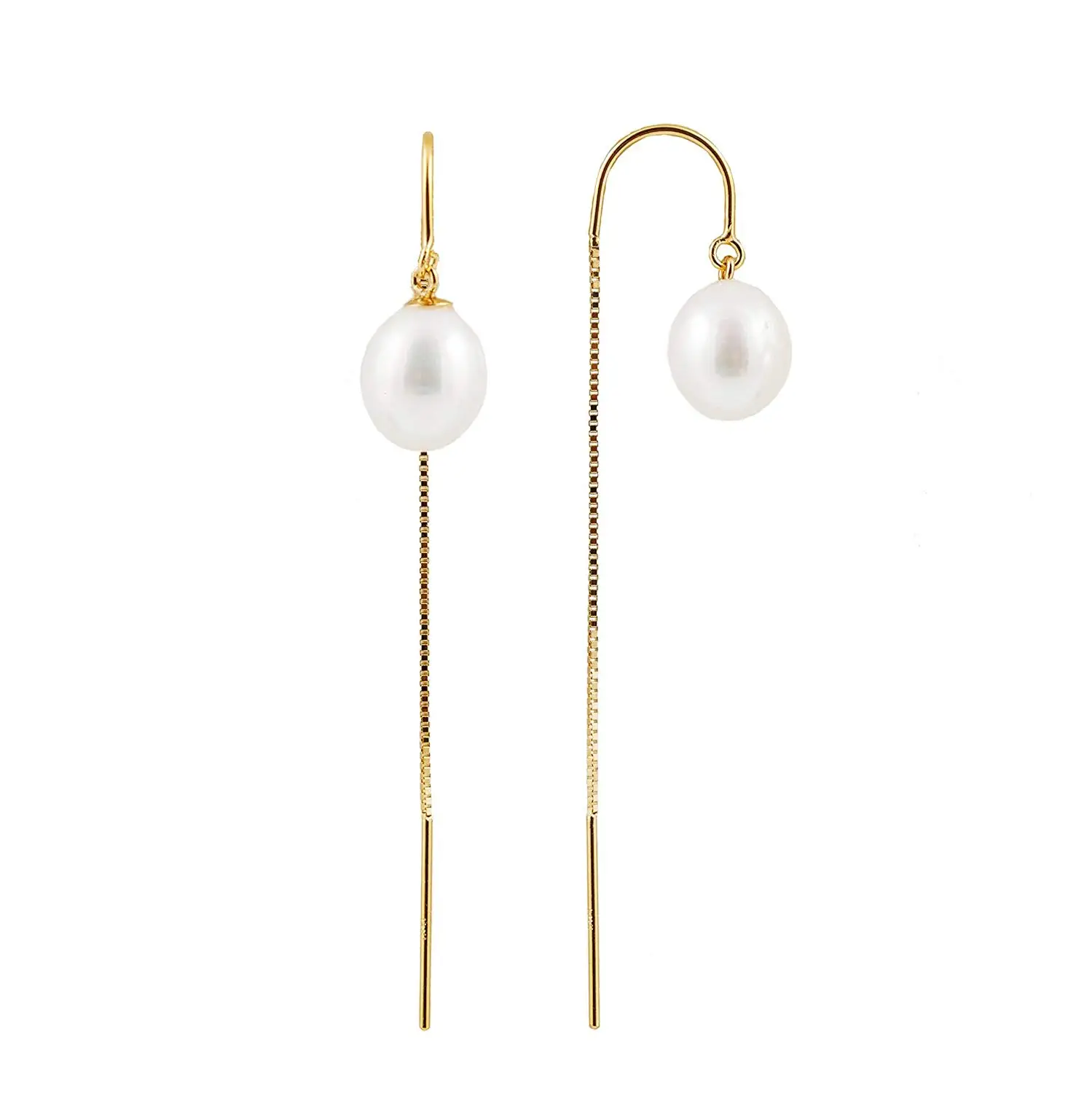 Handpicked AAA 5.5-6mm White Rice Freshwater Cultured Pearls in 14K Yellow Gold Dangling Hoop French Hook Earrings