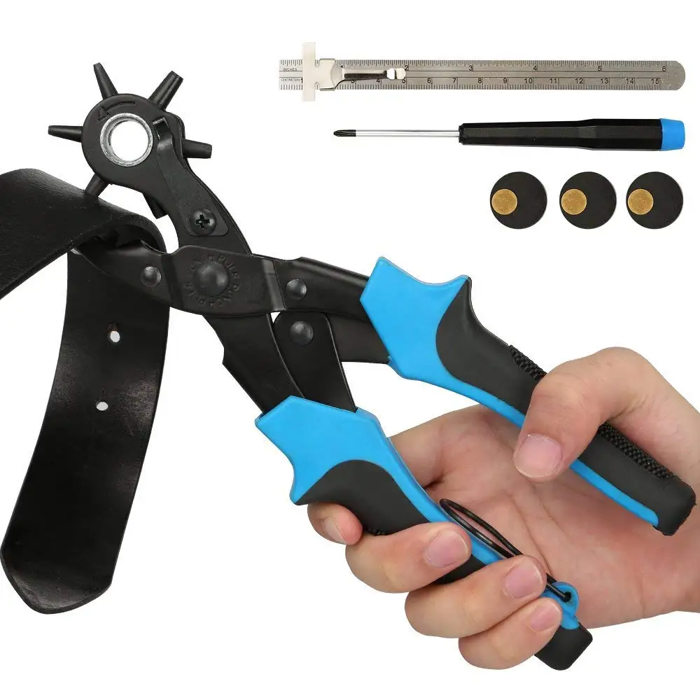 Steel Ruler and Screwdriver Heavy Duty Rotary Hole Puncher Set with Brass Pads Paper or Plastic Multi Size of Round Holes Kingsdun Leather Hole Punch Tool for Belt,Watchband,Cardboard,Rubber