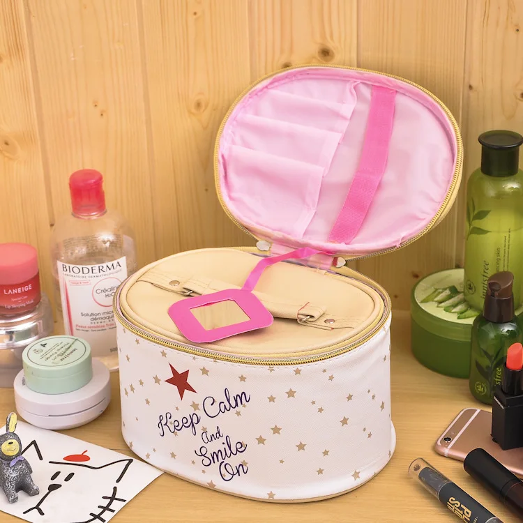 Wholesale fancy round PU leather cosmetic makeup organizer pouch toiletry bag