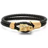 Plated Yellow Gold Bracelet Black Leather With Dragon