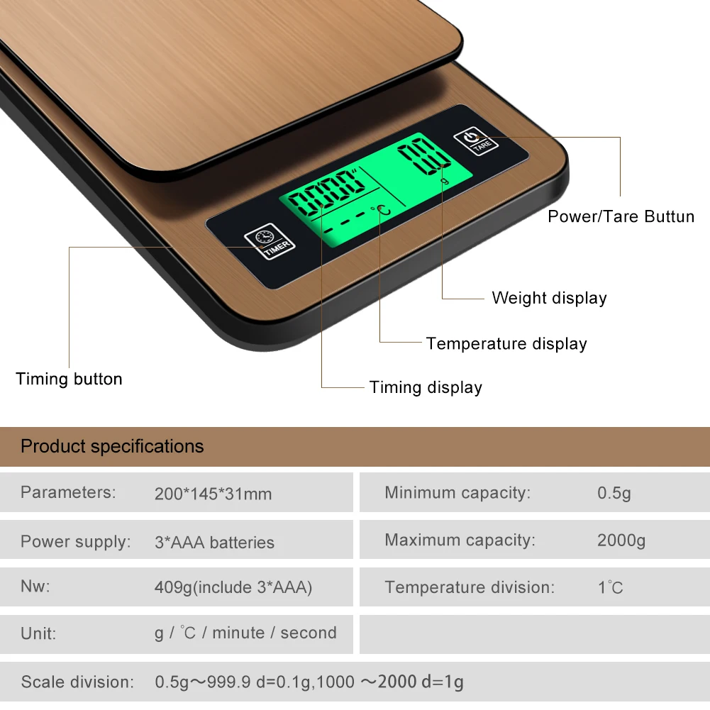 2018 new  0.1g -1000g   Digital Scales With Probe Timing  Coffee Electronic Scale