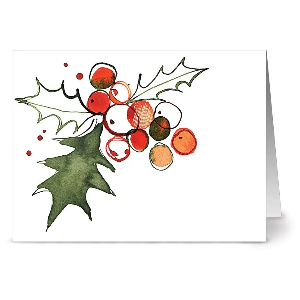 24 Holiday Cards - Holly Leaves - Blank Cards - Green Envelopes Included