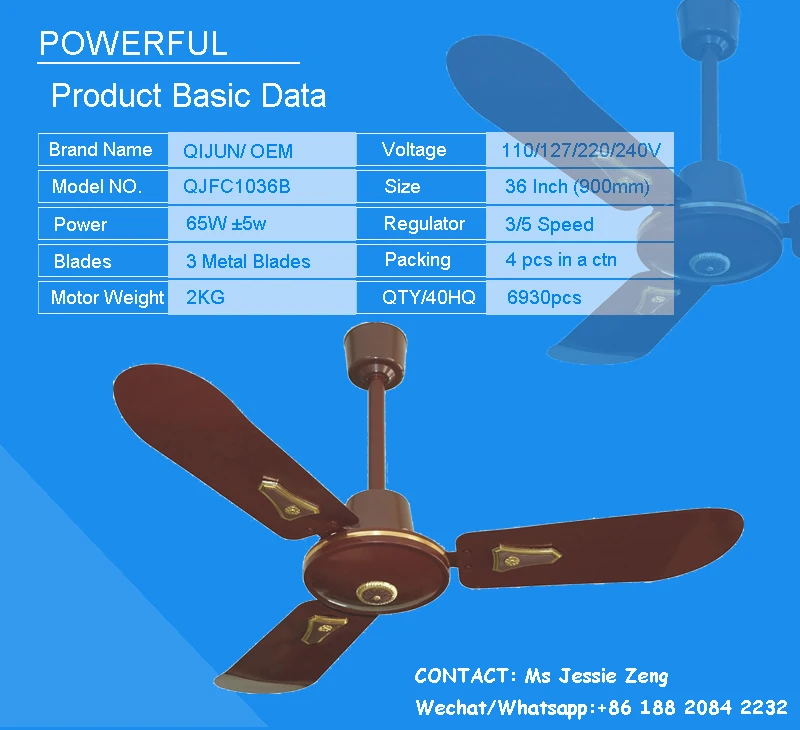 Ac Motor Ceiling Fan Of 65w Power With 3 Metal Blades For 36 Inch