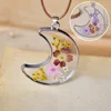 Pressed Real Flower Jewelry Dry Flower Necklace Resin Glass Moon Shape Small Flowers Antique Silver