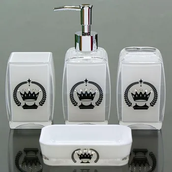Chrome Pump Patterned White Modern Plastic Bathroom Accessories Set Chrome Pump Patterned White Modern Plastic Bathroom Accessories Set