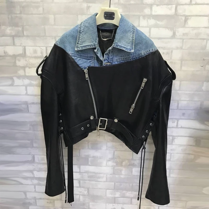 Fashion Design Denim Leather Coat Genuine Leather Bomber Jacket ...