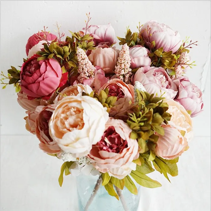 European Vintage Artificial Peony 13 Heads Peony Silk Springs Flowers Peony Bouquets Wedding