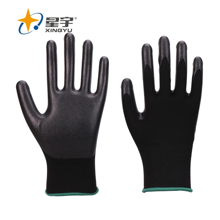 Hand Gloves Xingyu 13g Black Nylon Black Nitrile Foam Safety Work ...