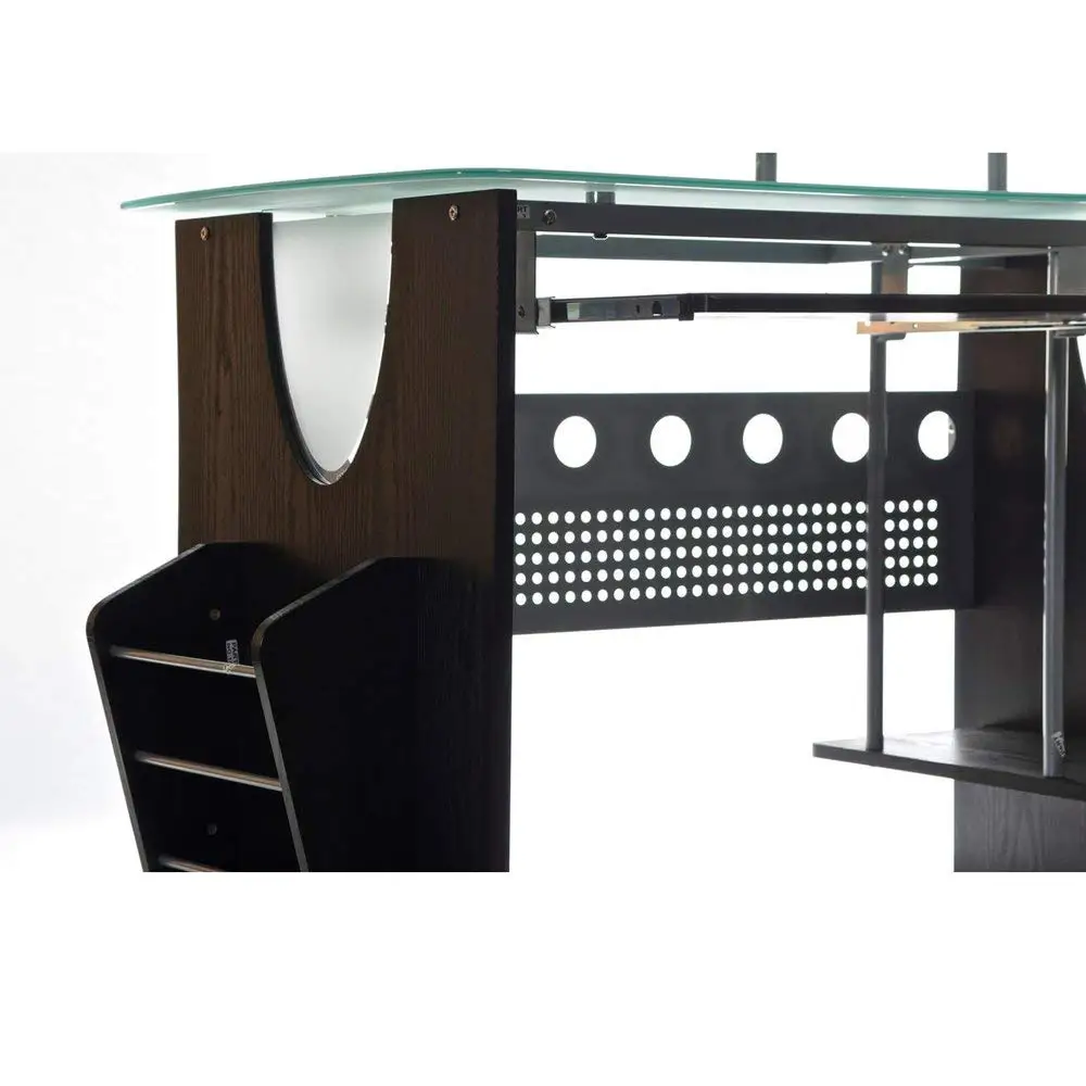 Svitlife Espresso Frosted Tempered Glass Computer Desk Drawer L Finish Pedestal Silver Keyboard Pull Out Silk