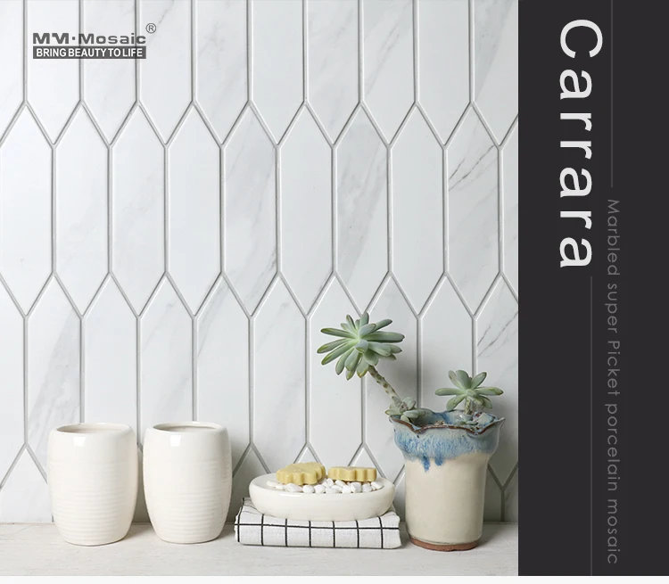 Italian Kitchen Bathroom Accent Wall Marble Look Carrara White Mosaic