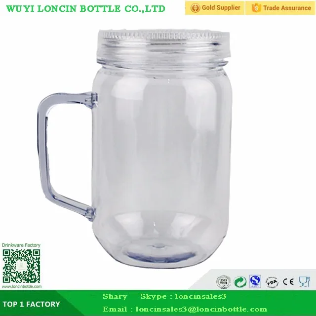 Double Wall Plastic Mason Jar With Straw Lid,Bpa Free Acrylic Clear Mason Jar For Stock Foods