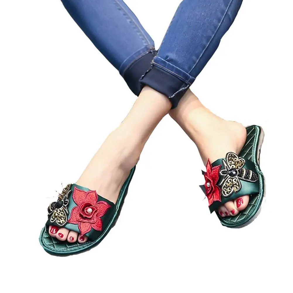 HIRIRI Ladies Summer Solid Color Wedges Slip-On Flower Flip Flops Casual Beach High Heel Platform Slippers