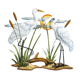 Hand Painted White Cranes Metal Wall Art