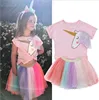Kids Summer Fashion Cartoon Unicorn Princess Girls two piece Short sleeve set dress