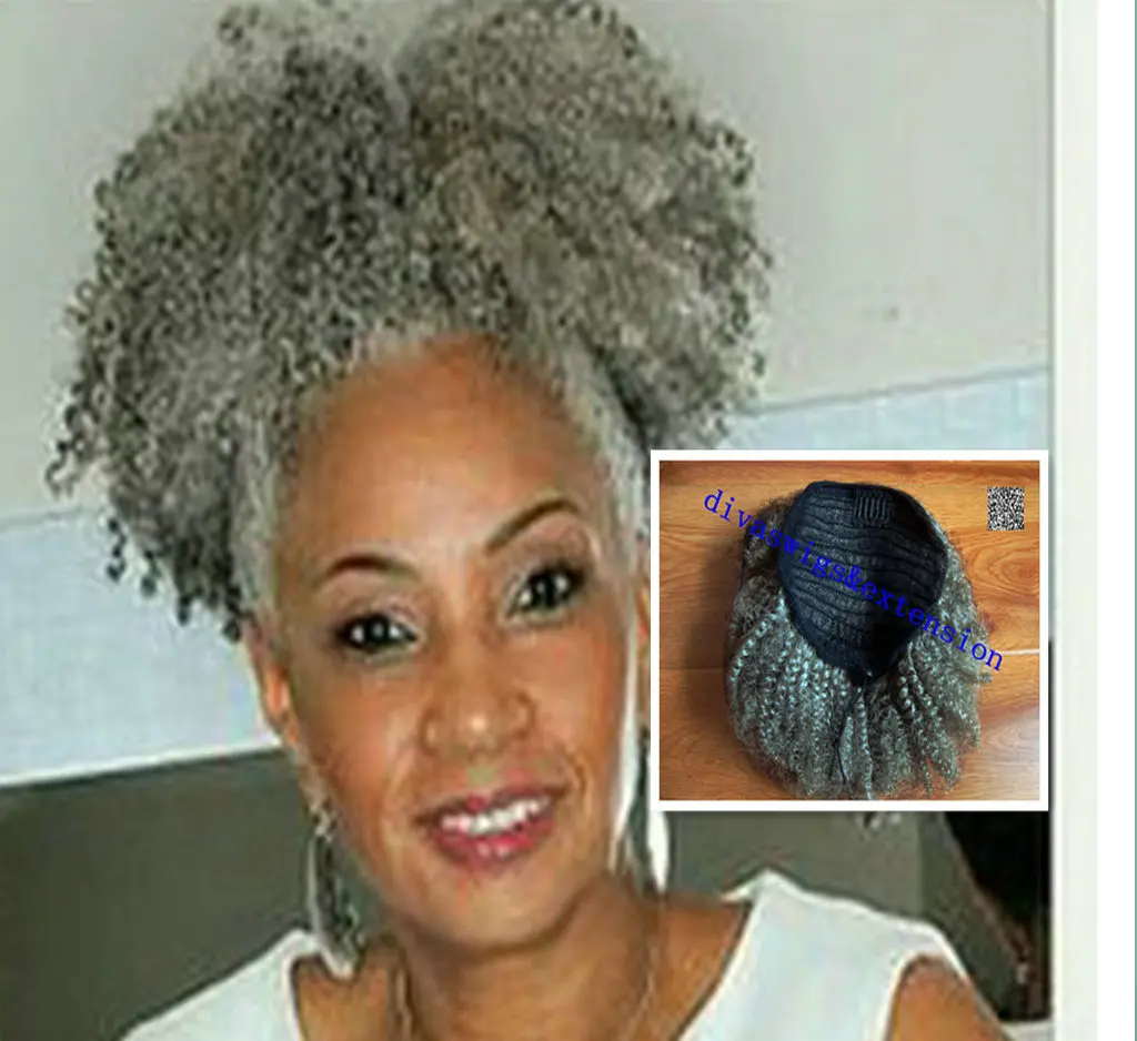 Salt And Pepper Silver Grey Deep Curly Hair Puff Drawstring Afro Bun Or