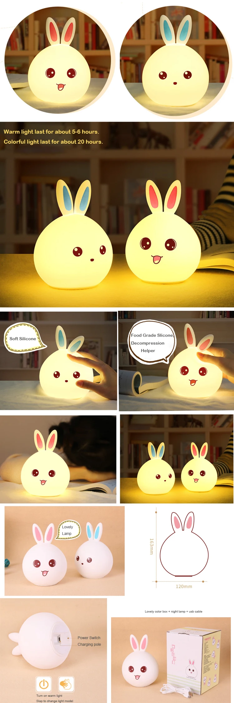 Veilleuse en silicone lapin. Capteur tactile mené pour bébé animal d'enfants avec