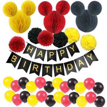 Red Yellow And Black Honeycomb Balls Kids Happy Birthday Decoration Set Mickey Mouse Theme Baby Party Supplies , Buy Happy Birthday Decoration