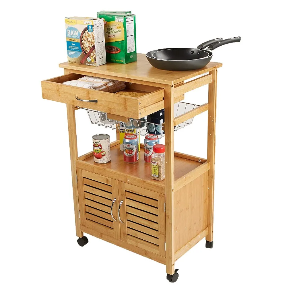 Multifunctional Bamboo Kitchen Trolley Cart With Storage Drawers And ...