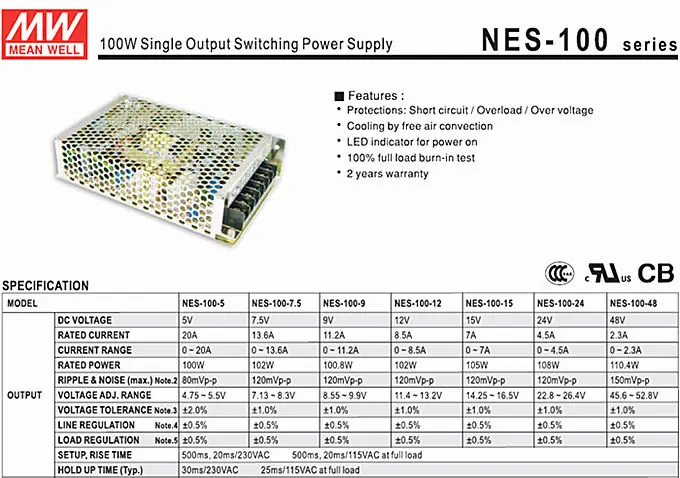 NEW Mean Well NES-100-15 7A 15V 100W AC/DC Single Output Switching Power Supply 