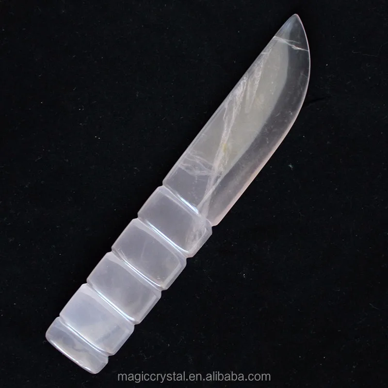 Handmade Natural Rose Quartz Crystal Stone Carving Knife Jade Dagger