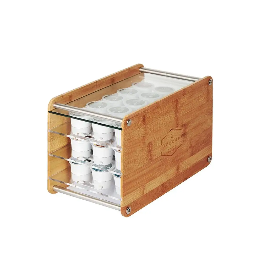 Bamboo Kcup Holder Organizer Storage Box Stand With 3 Clear Acrylic
