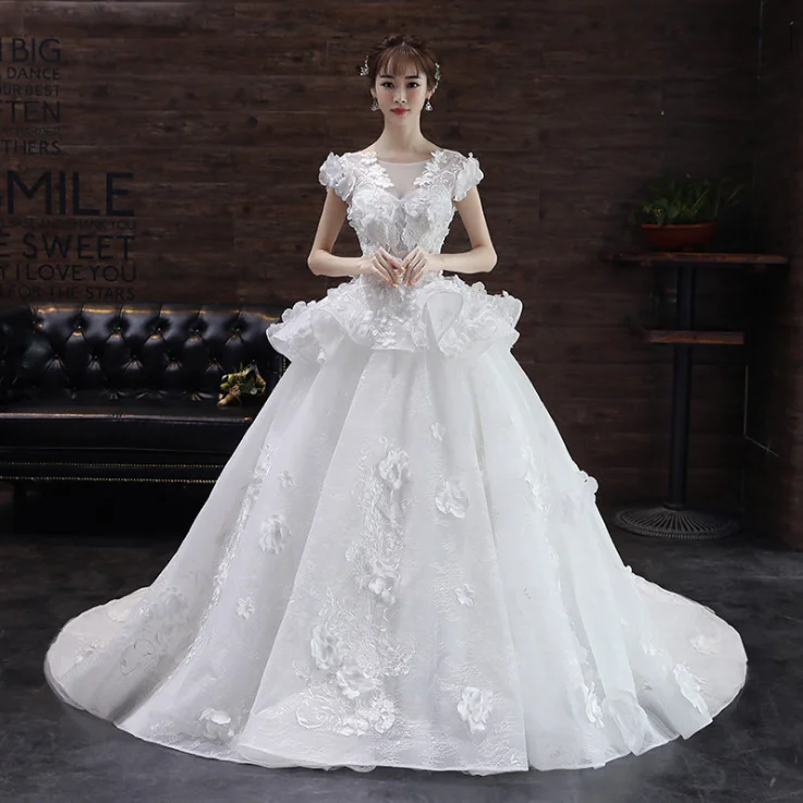 ZH2352G Fabulous Ruffles Crew Neckline Princess Ball Gown Wedding Dresses Lace Appliques Cap Sleeves Court Train Bridal Gown