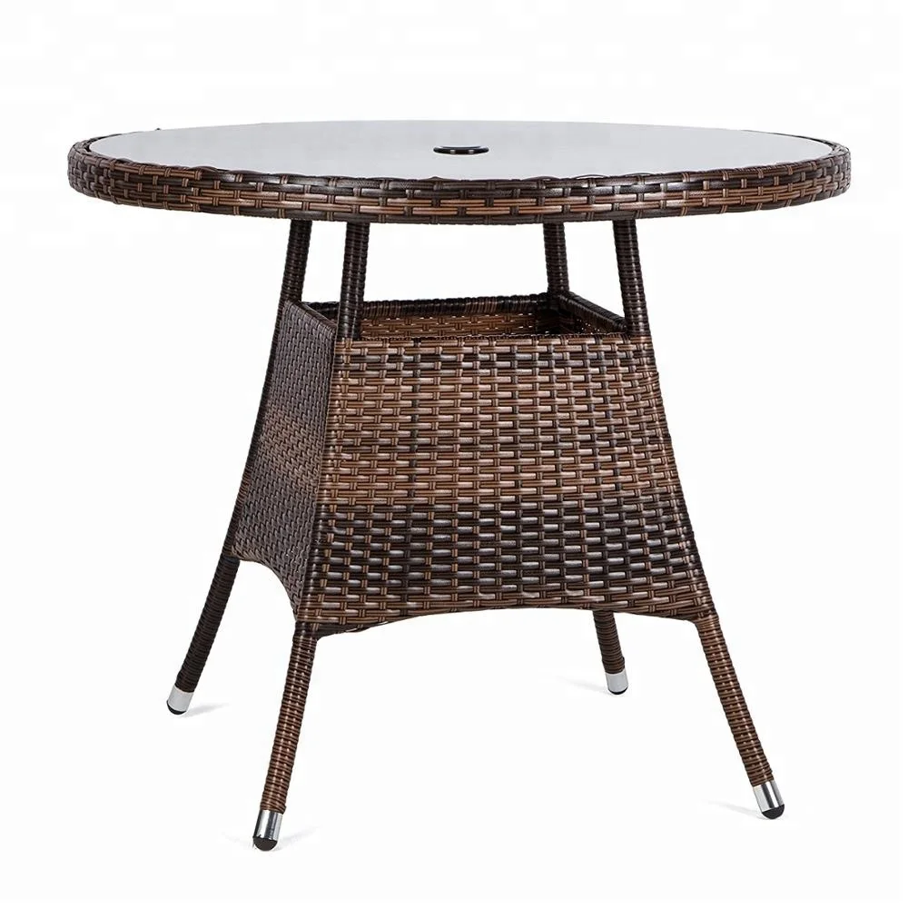 27.5" Round Patio Wicker Rattan Dining Table Tempered Glass Top