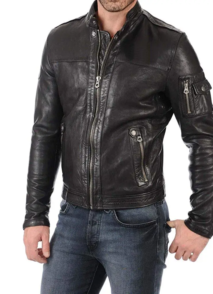 Leather Planet Mens Lambskin Leather Bomber Biker Jacket