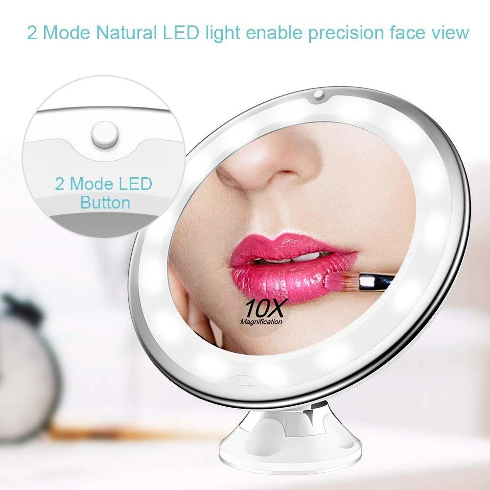 Anti-Fog Plastic Round Side 5x Magnifying LED Light Wall Led Suction Cup Shaving Mirror