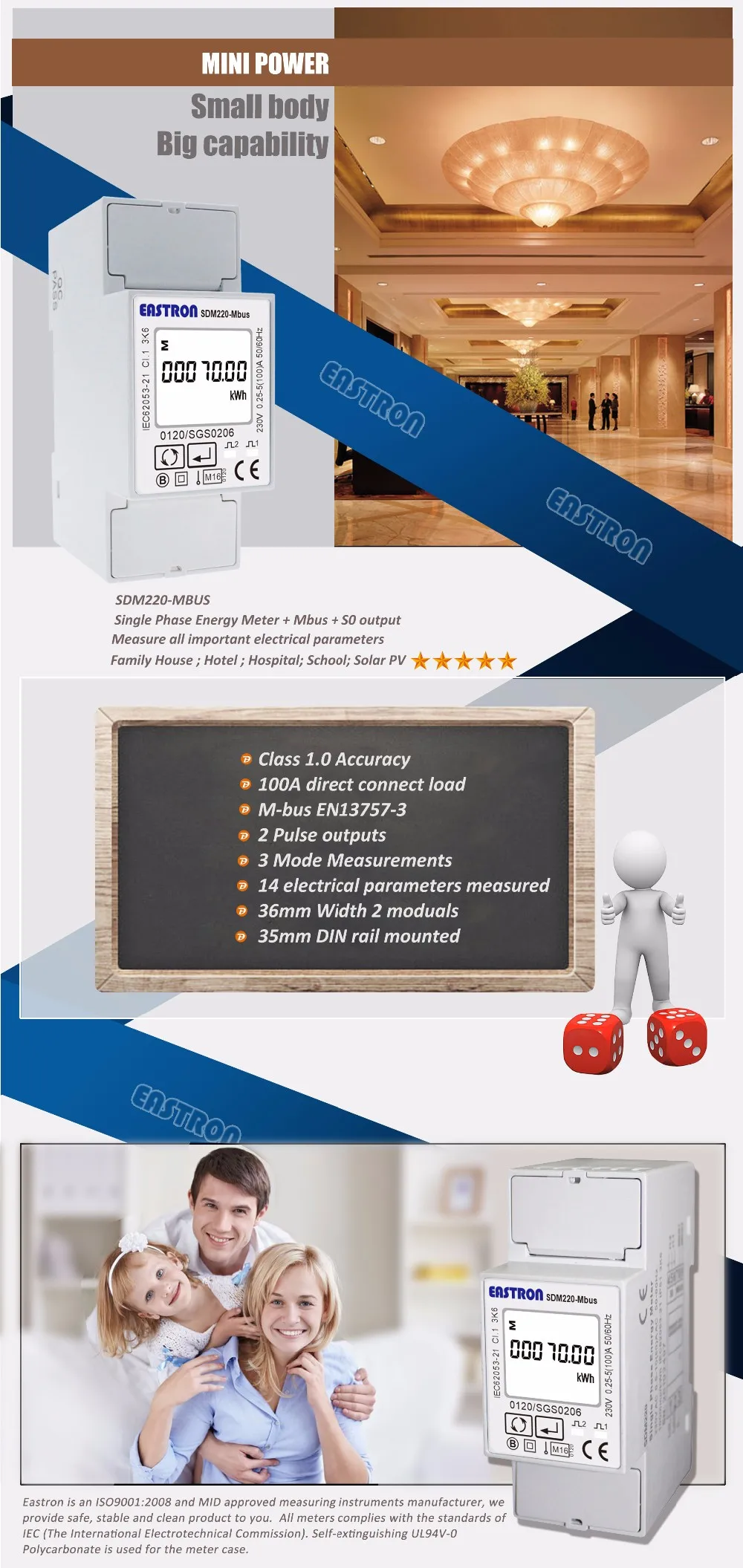 SDM220Mbus Single Phase Energy Meter, M-bus Meter, MID Approved