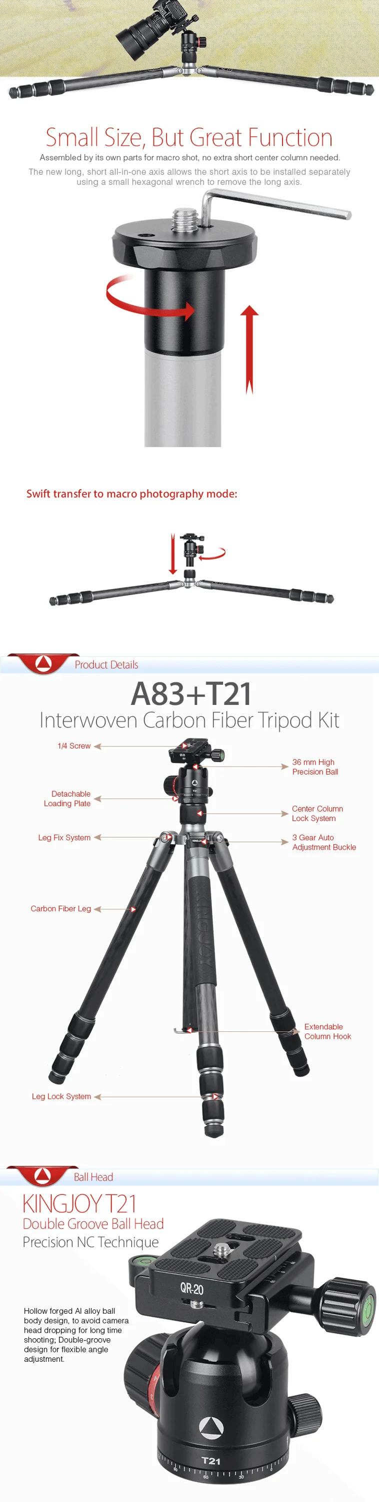 Kingjoy Best Automatic Leg Angle Adjustment Spiked Feet Aluminum Tripod Monopod With