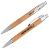 Eco-Friendly Natural Sustainable Bamboo Barrel Push Button and Tip Chrome Trims On Pocket Clip Logo Print Ballpoint Pen