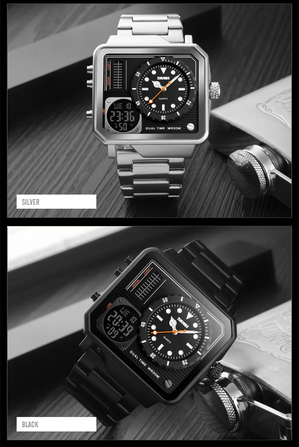 Skmei 2time Mens Watches in Wristwatches Gold Digital Quartz Watches Japan Movt Hot 1392