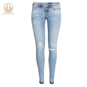 OEM European Style Skinny Fit Women Jeans Blue Ripped Denim Pants