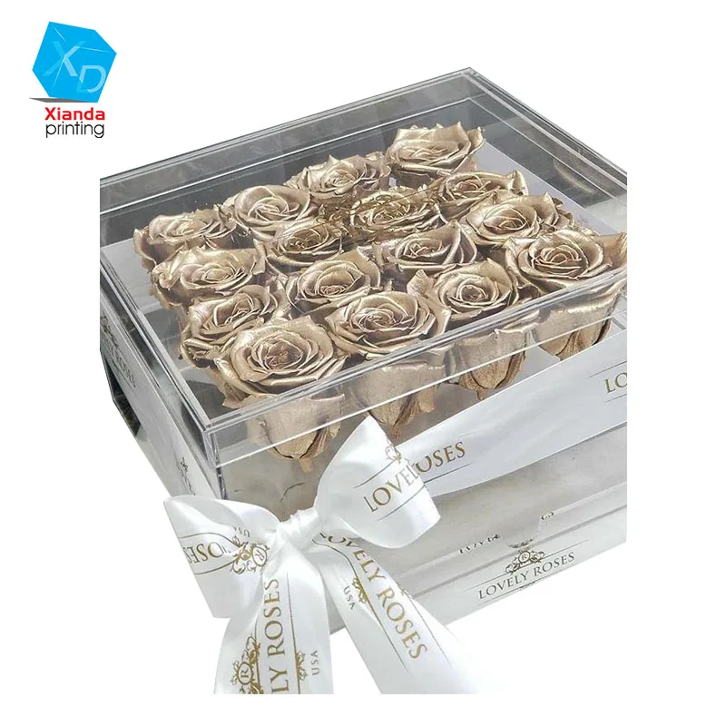 Clear Acrylic Flower Box With Drawer,Gold Preserved Roses In Acrylic