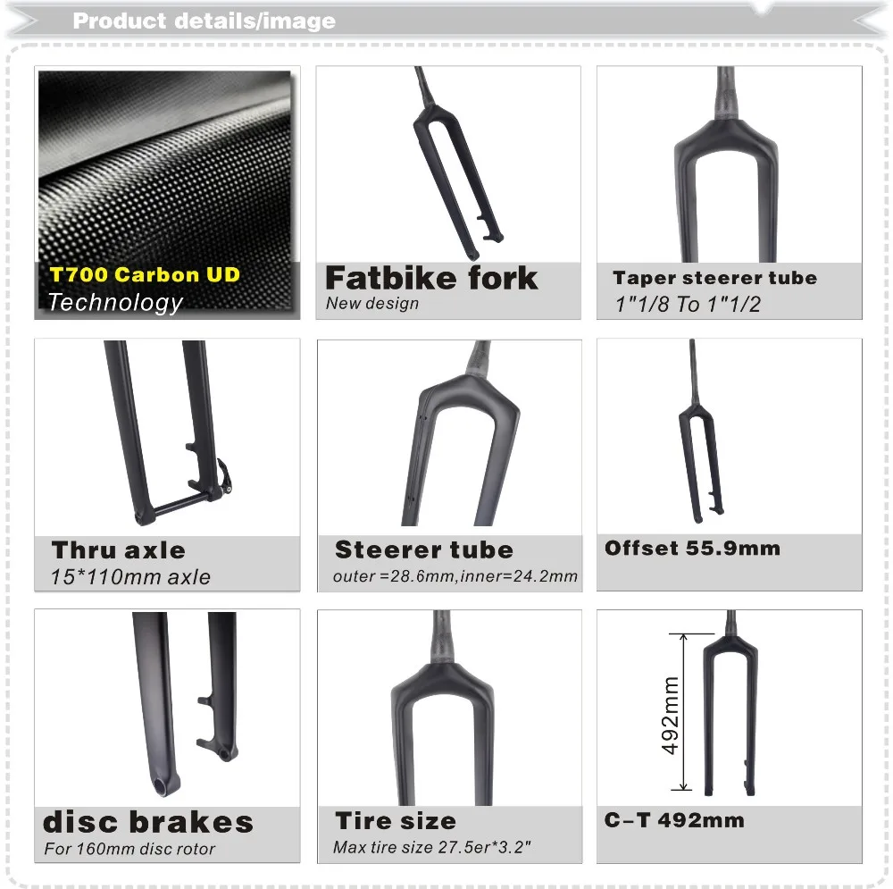 Miracle 27.5+ Carbon Fork,Light Weight 15mm Thru Axle Carbon Bike Fork Rigid Fork Mtb,Carbon