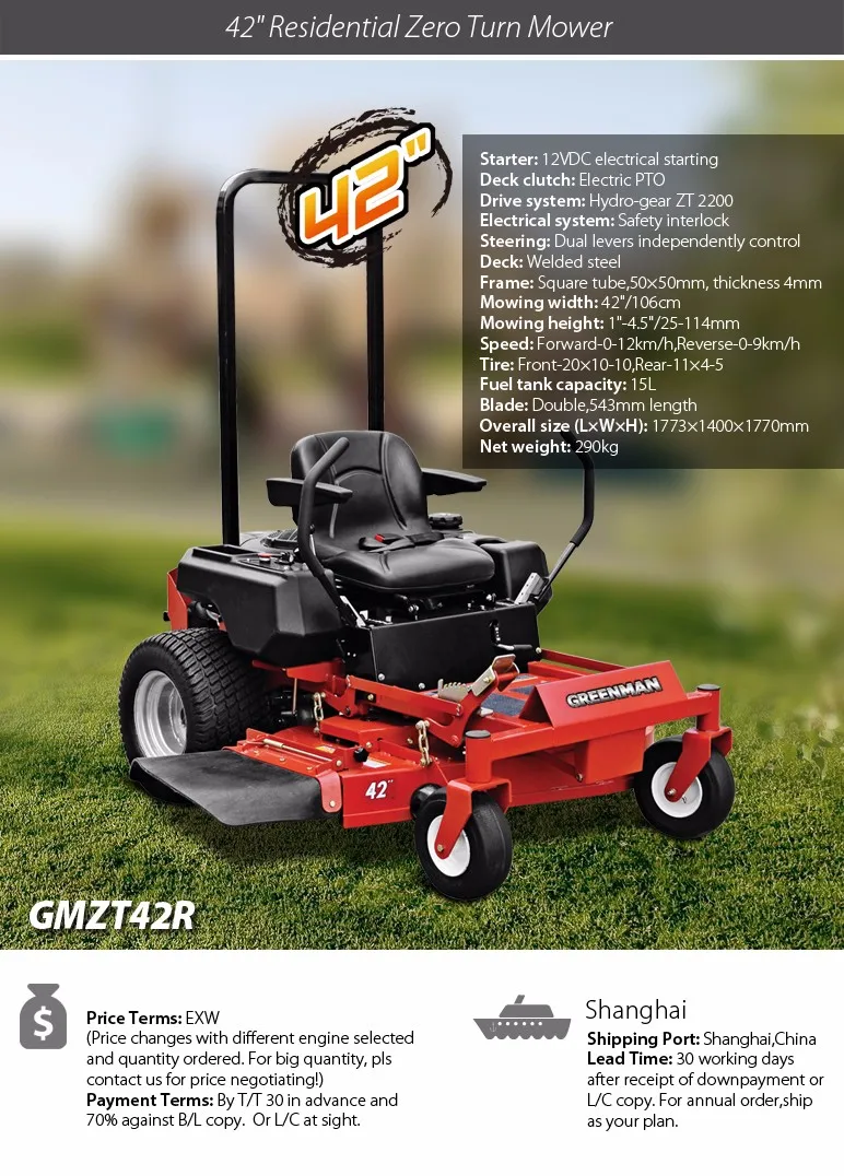 42" Welded Deck Residential Ride On Zero Turn Mower With Kohler Engine