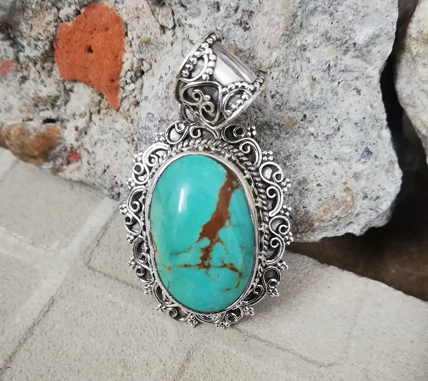 Natural Turquoise Pendant 925 Sterling Silver Exquisite Jewelry Rare & Classic Elegance Pendant Statement Pendant Artisan Design Pendant Bohemian Tribal Pendant Granulation Design Royal & Top Pendant