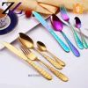 Jieyang factory price hammered rainbow catering cutlery long handle colorful gold hand forged luxury flatware set