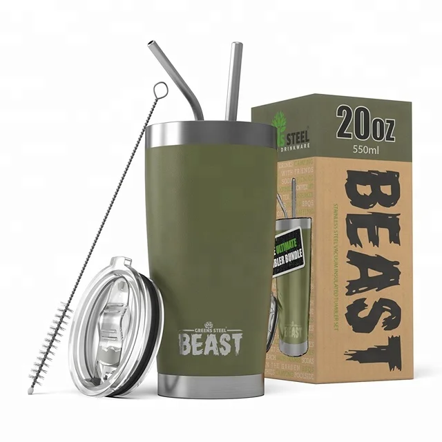 20oz Army Green Stainless Steel Double Wall Tumbler Cups With Straw