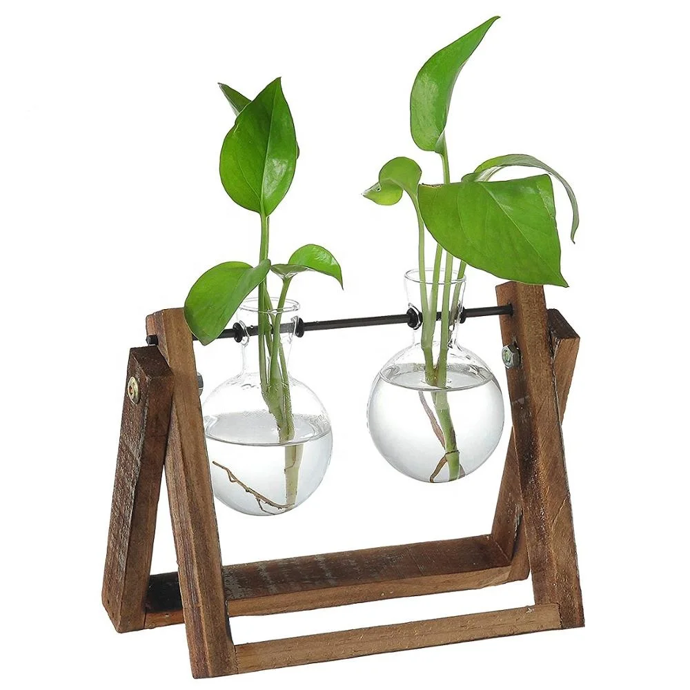 Clear Glass Planter Bulb Vases With Rustic Wood & Metal Swivel Holder