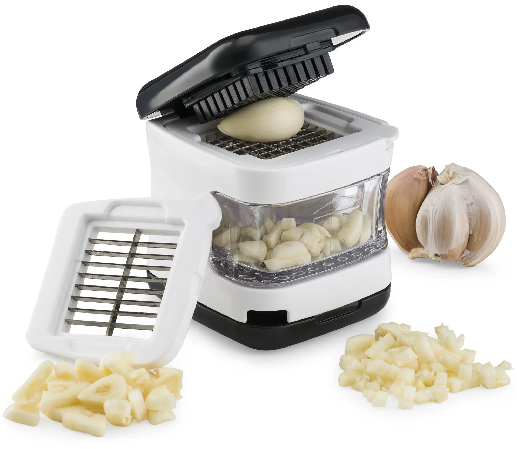 Kitchen Gizmo, Garlic Press- Innovative 3-in-1 Garlic Cube, Slicer, Chopper, Crusher and Dicer - Easily Slice or Cube Garlic Cloves Without The Mess.
