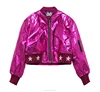2018 Spring New Arrivals Thin Cotton Padding Lady Shiny PU Faux Leather Jacket in Hot Pink